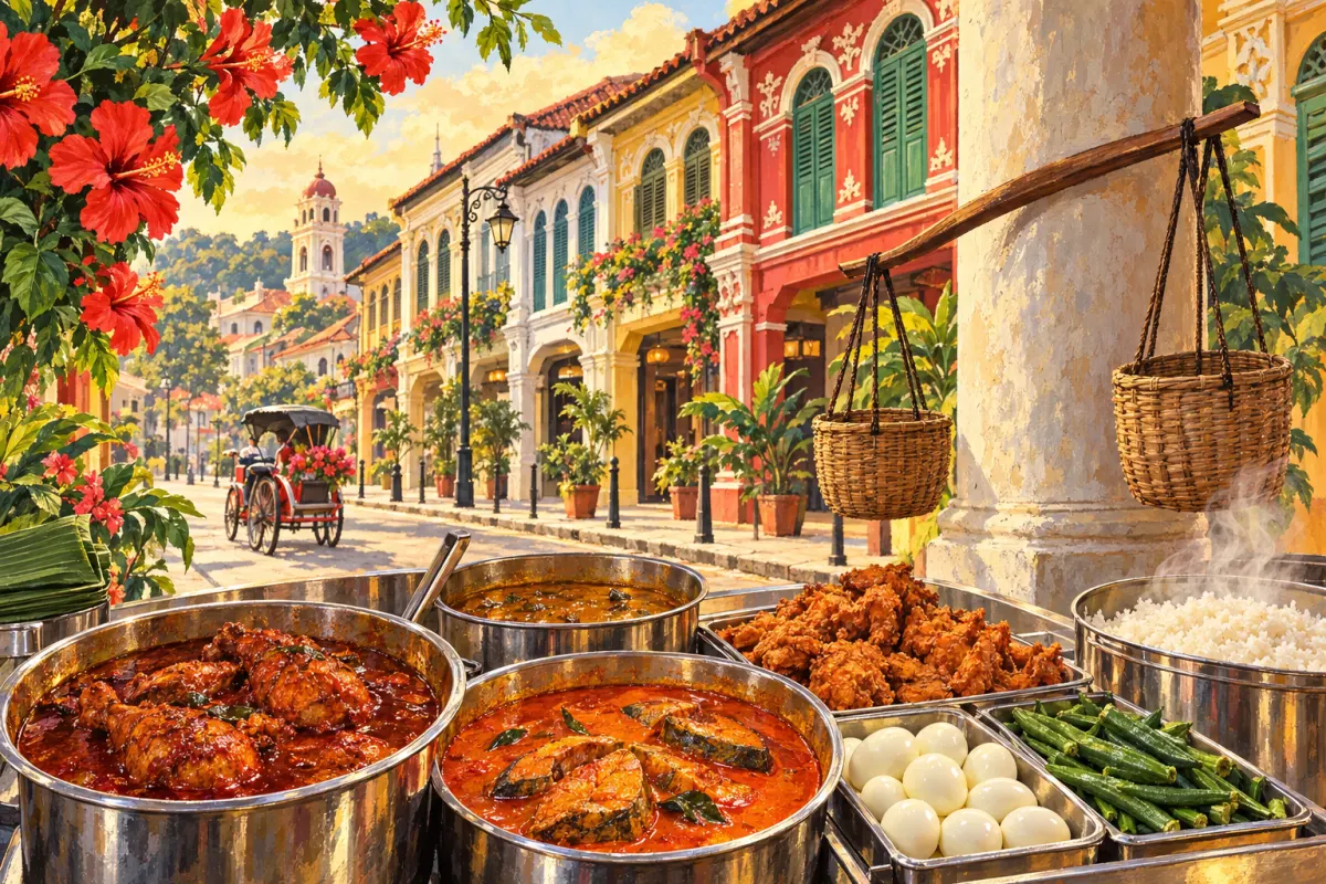 Ilustrasi kaunter nasi kandar di jalan warisan George Town, Pulau Pinang