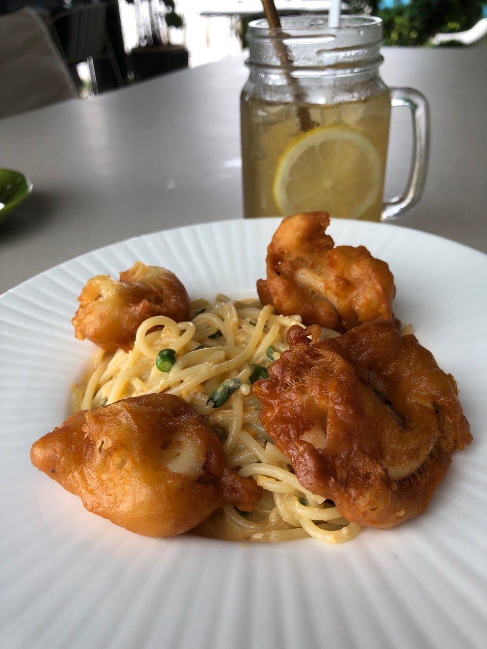 fried squid spaghetti in salted egg creamy sauce